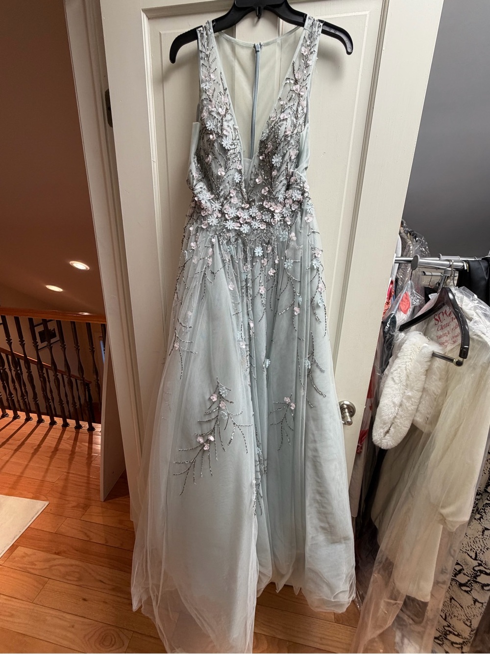 Mint Green Embroidered Tulle Maxi Dress with Deep V